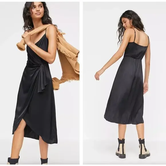 ANTHROPOLOGIE Giverny Midi Slip Dress Satin Black {L9} - Picture 2 of 6